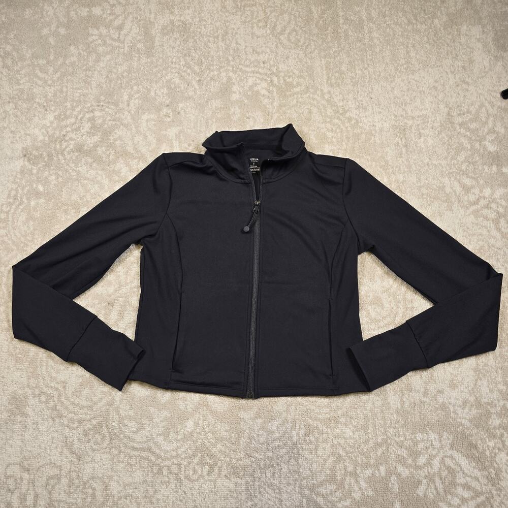 NWT - Aqua Women Cropped Full Zip Mock Neck Jacket Black Size S - MSRP $98